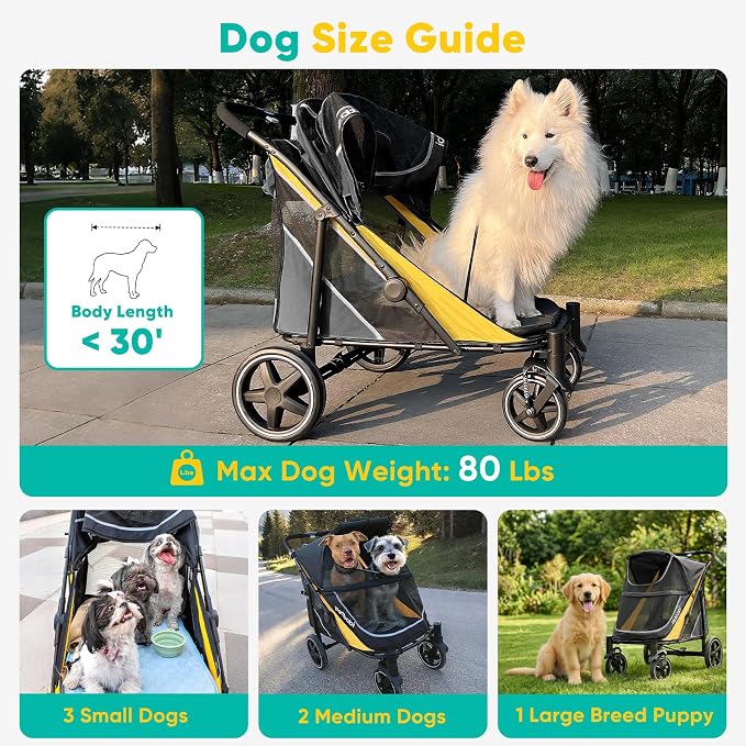 Petbobi Dog Stroller for Large Medium Dogs up to 80 lbs, Dual Entry | One-Hand Fold, One-Foot Brake, All Terrain 360 Swivel Front Wheel, Heavy Duty Air Mesh Wagon, Low Step-In for Senior Pets