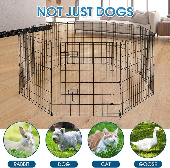 Peekaboo Dog Playpen 30 in, 8 Panel Metal Rustproof Pet Fence with Cover | 30 Inch 8 Panel Foldable Rustproof Black Metal Dog Playpen with Octagonal Waterproof Bottom Cover