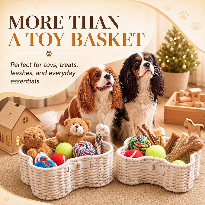 Barydat 2 Set Dog Bone Shaped Basket with Lid Cotton Rope, White | Large Small Sizes, Handmade Woven Basket for Toy Storage, Organizes Pet Items, Home Bin with Secure Lid Closure