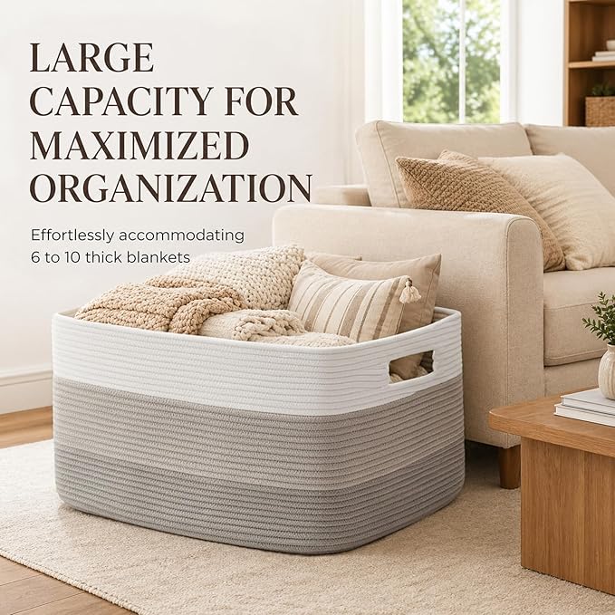 OIAHOMY Large Blanket Basket, 22”x17”x12” Rectangle Woven Baskets, Nursery Blanket Storage Living Room, Toy Storage With Handle, Large Baskets for Organizing-Gradient Grey (Pack of 2)