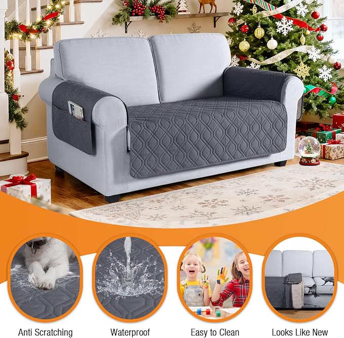 VANSOFY Waterproof Loveseat Couch Cover for Pets, Dark Gray, 54" | Non-Slip, Washable, Utility Pockets, Pet Friendly, Furniture Protector Slipcover for 2 Cushion Plus Couch