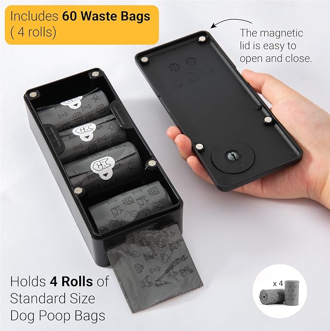 SVD.PET Dog Poop Bag Dispenser with 60 Bags (Black, Dispenser + Bags) | Wall mount or Place on Table, Holds 4 Rolls, Indoor or Outdoor Use