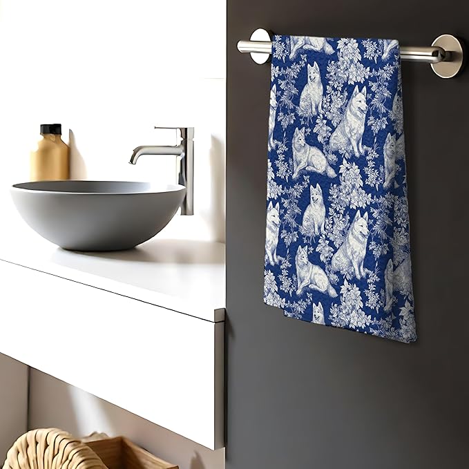 Chinoiserie Siberian Husky Kitchen Towels,Siberian Husky Dog Gifts Decorative Dish Tea Towels,Blue and White Grandmillennial Botanical Dog Floral Hand Towels for Kitchen Bathroom, 16x24 Inch