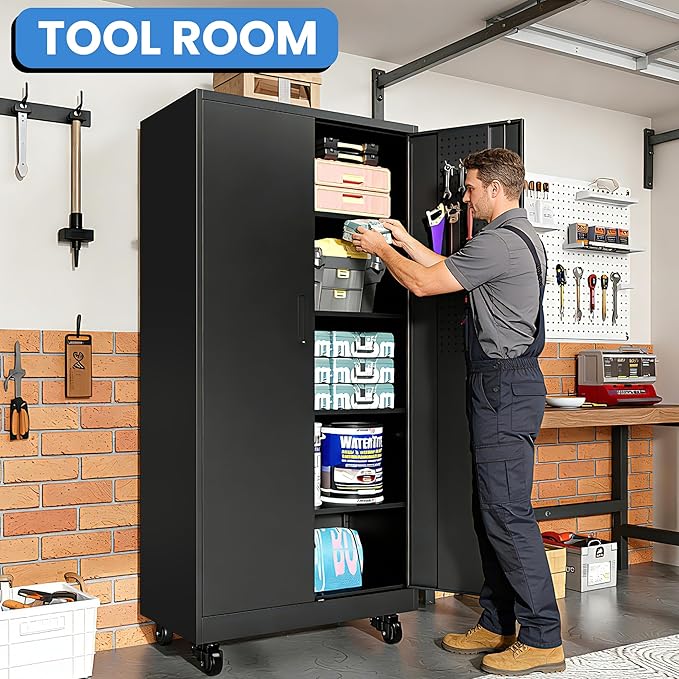 Metal Storage Cabinet for Garage, Tool Cabinet, Utility Cabinet | with Wheels, Tall Tool Cabinet, Lockable, 2 Doors, 4 Adjustable Shelves, Pegboard, Assembly Required, Black