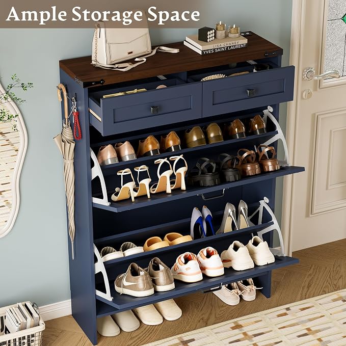 BORNOON Shoe Cabinet with Odor Control Deodorizer and Back Panel, Farmhouse Narrow Shoe Storage Cabinet Rack for Entryway with 2 Flip Drawers and 2 Top Drawers, Adjustable Shelves, Side Hooks