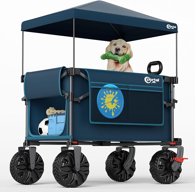 Portal 350L Collapsible Wagon Cart with Removable Canopy, 270LB Cart Blue | Collapsible Wagon Cart with Removable Canopy Folding with Rear Door for Pet, Camping, Beach, Sports and Outdoor Adventures