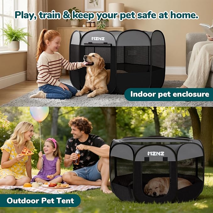 Dog Cat Small Animal Puppy Playpen Crate, Large, Dark Grey | Portable Pop Up Pet Cage Enclosure Tent Kennel Indoor Outdoor with Carrying Case, No Assembly, Camping Use
