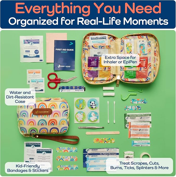 KeepGoing Travel First Aid Kit for Kids, 130 Pc. TSA-Approved Travel Size | Toddler First Aid Kit, Mini First Aid Kit for Car, Home, Purse, Diaper Bag & Backpack, Latex-Free Bandages