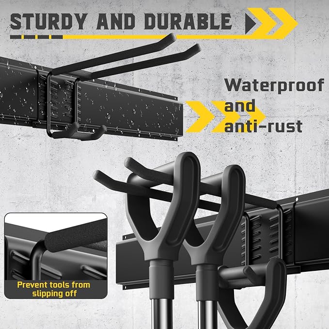 64" Garage Wall Tool Organizer, 900 Lbs Heavy Duty Steel Garden Tool Storage Rack & Garage Organization for Yard, Shed, Garage - 12 Longer & Thicker Hooks + 2 Straps