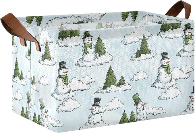 Winter Winter Tree and Snowmen Storage Basket Foldable Cube Storage Bins with Handles&Label Waterproof Collapsible Organizer Box Bin Large Rectangle Decorative Baskets for Shelves Home Room Laundry