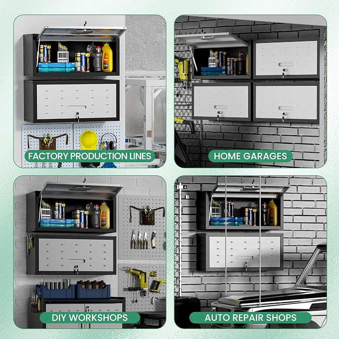 Metal Wall Cabinet,Wall Mounted Garage Cabinets with Lockable Door,Hanging Storage Cabinet 130 lbs Capacity,Floating Cabinet for Tool Organization in Basement,Workshop,Kitchen,Black/Grey