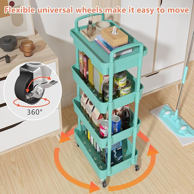 Calmootey 4-Tier Utility Cart with Drawer & Wheels, Storage for Home,Office | Space-Saving Organizer, Sturdy Plastic Shelves, Smooth-Rolling Metal Wheels, Built-in Drawer for Small Items, Green