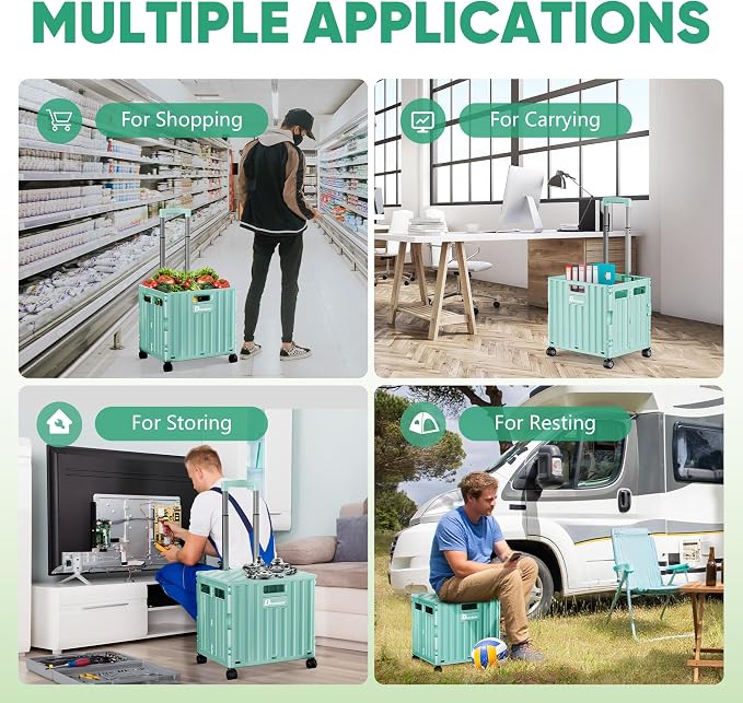 Folding Utility Cart with Lid, Portable Rolling Crate Handcart Collapsible Shopping Trolley, Durable Plastic Foldable Tool Basket with 4 Rotate Wheels for Grocery, Office, Luggage, School - Cyan