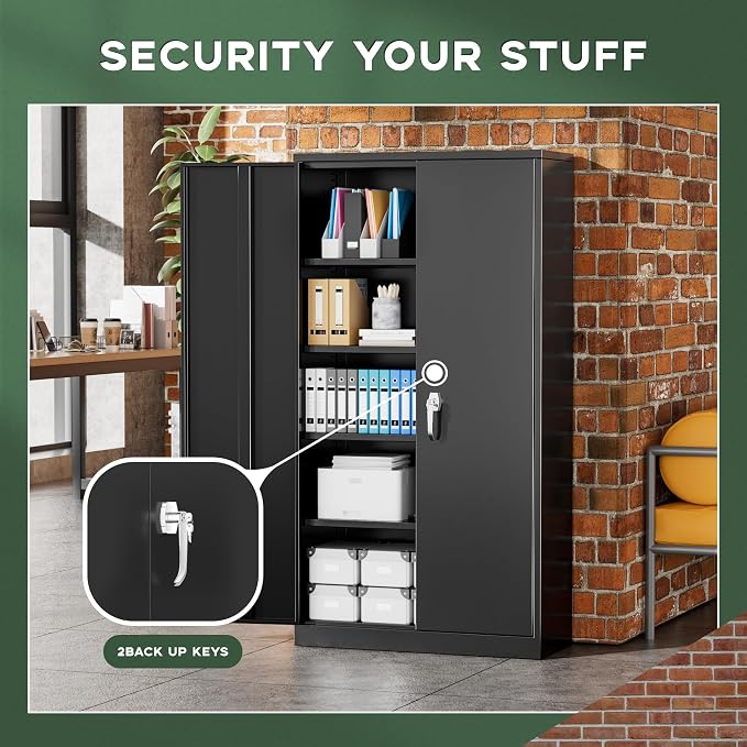 Greenvelly Metal Garage Storage Cabinet, 72” Locking Black Tool Steel Cabinet with Doors and 4 Shelves, Tall Metal Cabinets with Garage Storage Systems for Home Office, Kitchen/Pantry