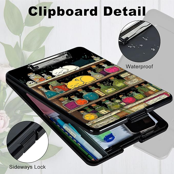 Heavy Duty Storage Clipboard, Slim Nursing Clipboard with Internal Pen Case, Portable File Organizer Case for A4 Letter Size Paper Office Medical Professionals, Vase Books Cat