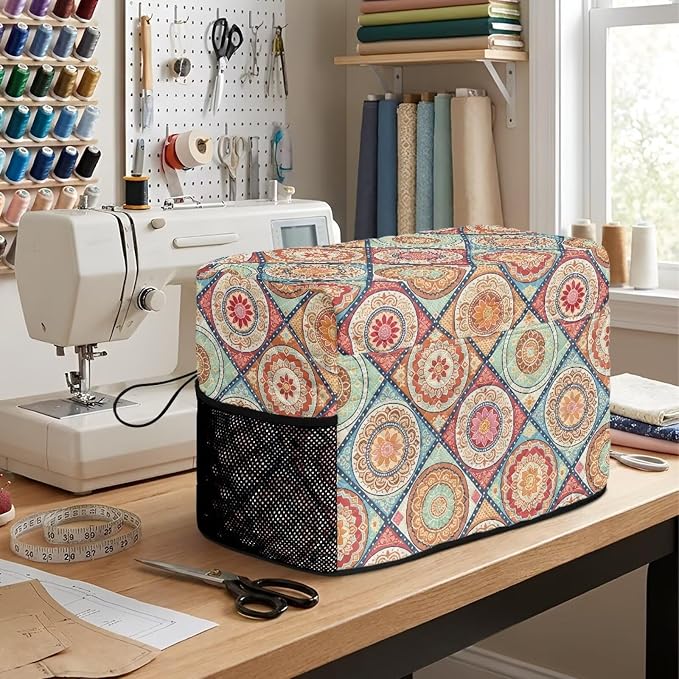 Sewing Machine Cover Polyester Febric Diamond Vintage Mandala | Dust Pet Hair Protection,Quilting Design,Fits Standard Singer,Brother Janome Machines,Protecting Decorating Your Sewing Space