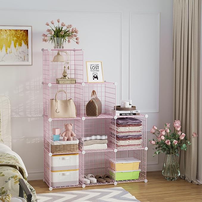 C&AHOME Wire Cube Storage, 9 - Cube Organizer Metal C Grids, Shelves, Pink | Modular Shelves Units, Closet Organizer, Storage Bins Shelving, Ideal for Home, Office, Living Room