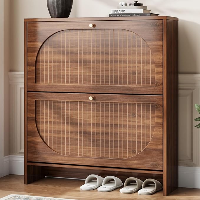 Arch-Chic Shoe Cabinet for Entryway, Modern Mid-Century Shoe Storage Cabinet with Fluted, Narrow Shoe Rack with Adjustable Shelves & Tipping Protection, Fits Size 12+ Shoes,Luminous Walnut
