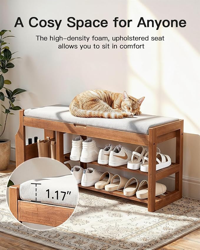 Pipishell 34" Pine Wood Shoe Bench Entryway with Soft Cushion and Storage | Lift-top storage, side holder, 440 lbs weight capacity, sturdy and durable, EPA & CARB-certified, holds 7 pairs, for entryway