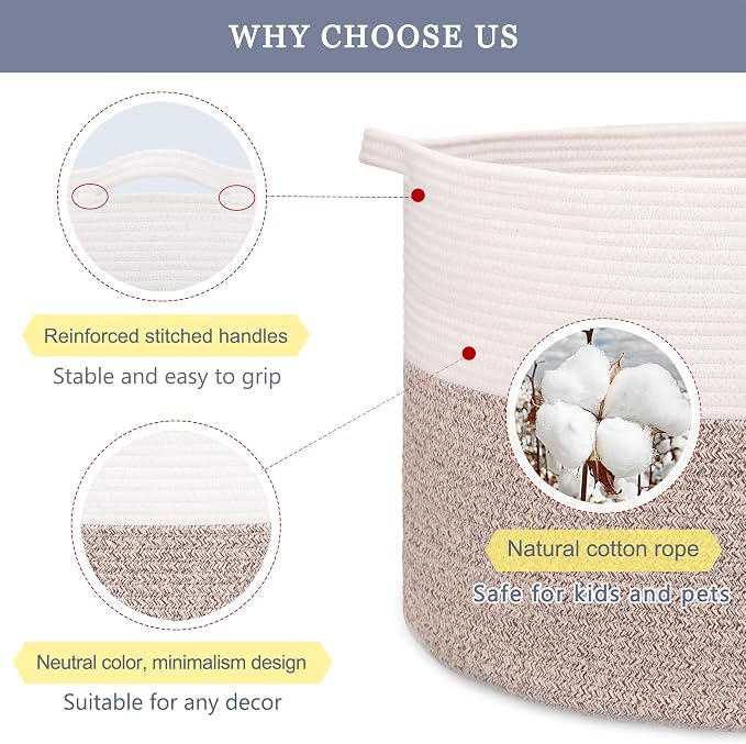 Large Cotton Rope Blanket Basket, 87L Laundry Hamper, White & Brown