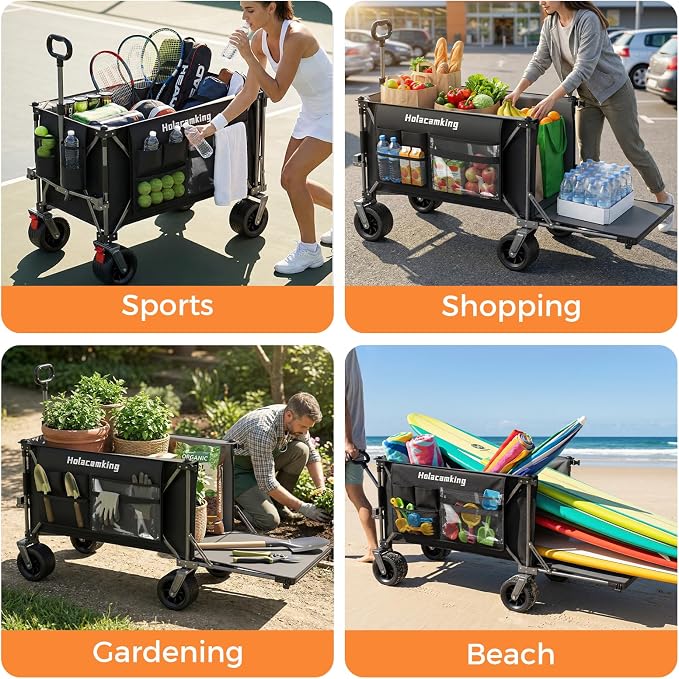 58" L Extender Collapsible Wagon, Extra Long with Tailgate | Foldable Wagon Cart, Heavy Duty Rolling Utility Cart with All-Terrain Big Wheels for Camping Shopping Sports Beach, Black