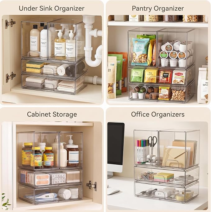 Clear Stackable Storage Drawers: Acrylic Organizer Bins 4 Pack | for Baby Bottle makeup Ideal for Countertop, Vanity, Station, Bathroom, Kichen Cabinet Pantry Organization