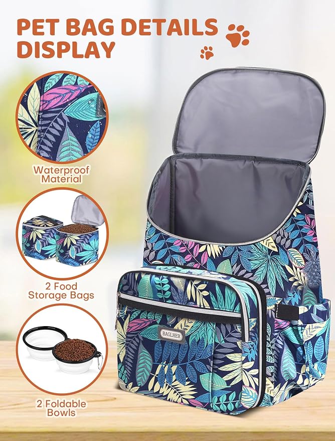 BAGLHER Travel Dog Backpack - Detachable Travel Pet Supplies Gear Backpack,Dog Bag for Traveling with 2 Silicone Collapsible Bowls and 2 Storage Baskets