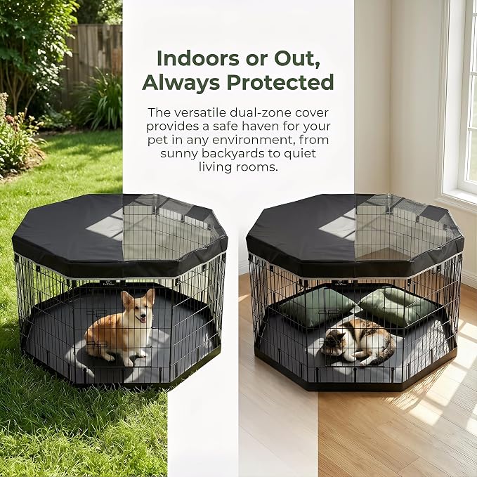 PJYuCien Octagonal Playpen Top Cover for 24" Side Metal Pet Pen, Black | Cozy Den for Puppy Small Animals, Half Mesh Half Oxford with Silver Coating, Predator & Weather Protection, Snap Hooks