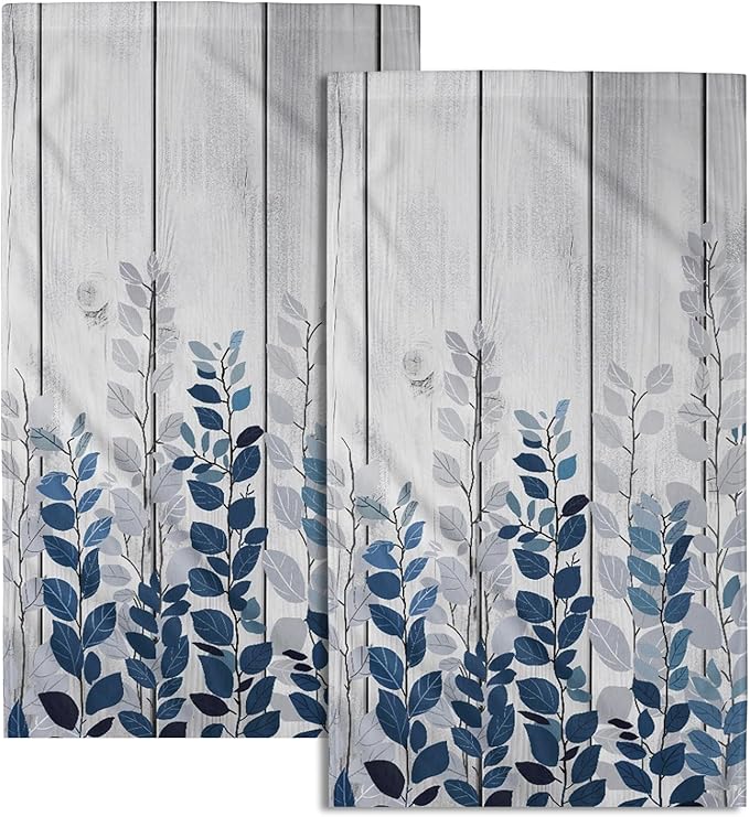Giwawa Blue Eucalyptus Leaves Hand Towels Set of 2 Rustic Wood Soft Guest Bath Towel Kitchen Dish Towels Spa Home Bathroom Decorations