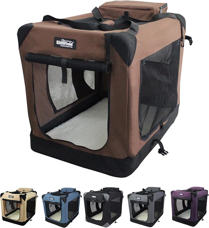 EliteField 3-Door Soft Dog Crate with Bed & Carrying Bag (2-Year Warranty) | 3 Mesh Doors, Steel Frame, Removable & Washable Crate Cover and Bed Cover, Storage Pockets, Indoor/Outdoor, Foldable