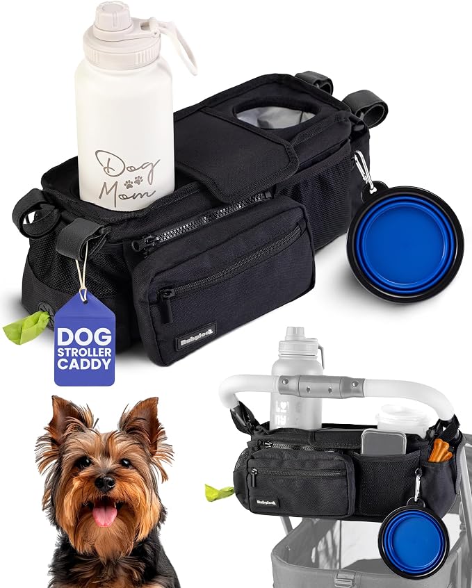 Dog Stroller Caddy Organizer with 2 Insulated Cup Holders & Treat Pocket | Poop Bag Dispenser, Treat Pocket, Collapsible Water Bowl, Zip-Off Wallet, Non-Slip Fit for 14-19" Handlebars, Black