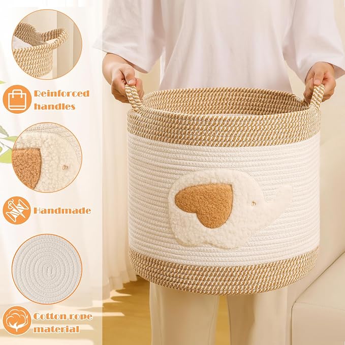 Large Blanket Baskets for Living Room Decor, Toy Storage Baskets 14" x 14" Woven Cotton Rope Storage Basket for Kids, Dog Toys Organizer Clothes Hamper with Embroidery for Nursery Laundry, Elephant