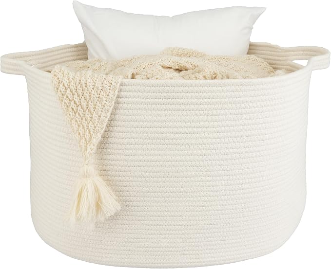 XUANGUO Extra Large Cotton Rope Round Storage Basket 22" x 14" White | Woven basket for blankets, toys, towels, laundry, nursery, living room and pet toy storage.