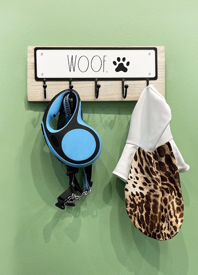 Rae Dunn Dog Leash Holder for Wall - Cute Dog Leash Hook Holder and Wall Mount Hanger Organizer for Pet Items, Keys, Collar and Leashes - Pet Themed Messages with Paw Print - Light Wood