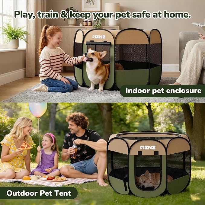 Dog Cat Small Animal Puppy Playpen Crate, Medium, Olive Green | Portable Pop Up Pet Cage Enclosure Tent Kennel Indoor Outdoor with Carrying Case, No Assembly, Camping Use