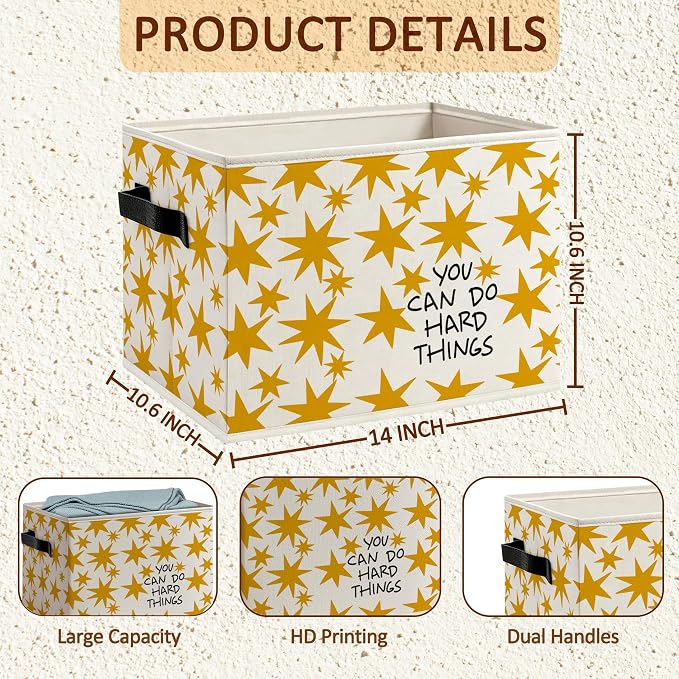 You Can Do Hard Things Kids Affirmation Box with Handles, Motivational Yellow Stars Decorative Storage Boxes Baskets Organizer for Bedroom Nursery Playroom Classroom