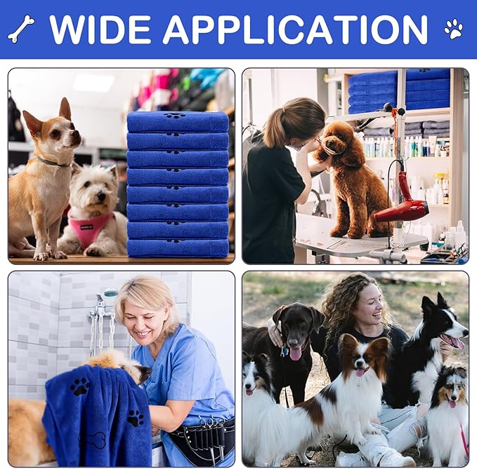 Chumia 8 Pcs Dog Towels for Drying Dogs Cats Pet Towels Bulk Puppy Microfiber Fast Drying Paw Bath Bathing Supplies Absorbent for Medium Pets(40 x 24 Inch,Dog Paw and Bone,Dark Blue)