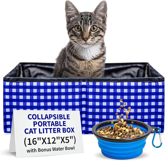 Pet Fit For Life Vibrant Collapsible Travel Cat Litter Box 16"x12"x5" Blue | Portable, Foldable Pop-Up Litter Box with Bonus Water Bowl. Compact Design Folds Flat for Travel, Camping and Home Use