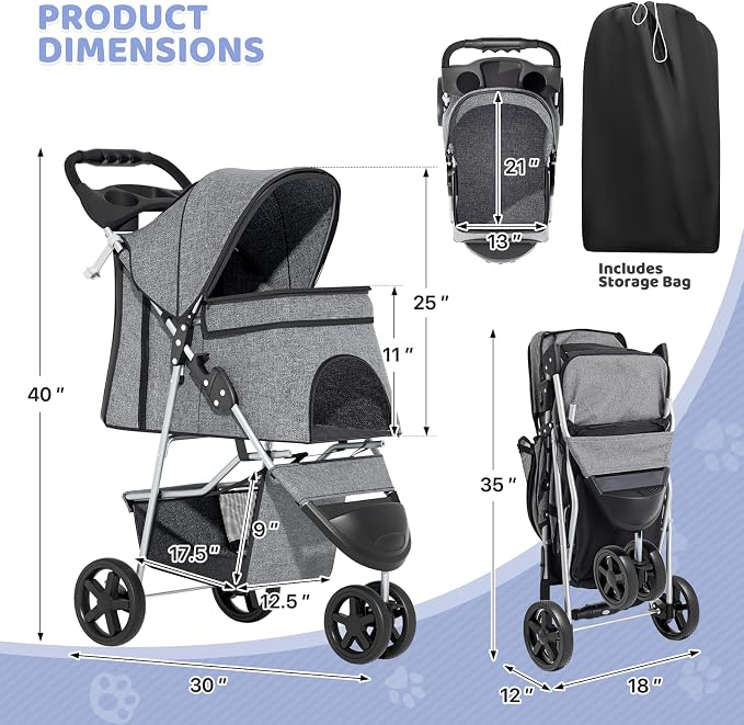 Magshion 3-Wheel Pet Stroller for Small/Medium Dogs & Cats, Up to 33lbs | Foldable Travel Jogger w/ Breathable Mesh Cover, Lightweight Design, Safety Tethers, Cup Holder & Storage Basket