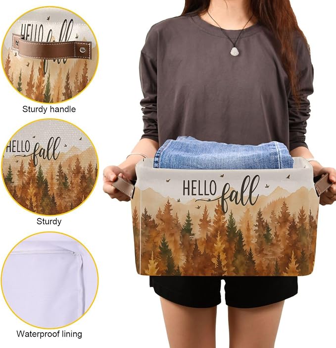Wamika Hello Fall Forest Storage Basket with Waterproof Liner and PU Handles Maple Leaves Pine Tree Storage Bins Boxes 14.2" Collapsible Decorative Organizer Baskets for Bedroom Closet Office 1 Pack