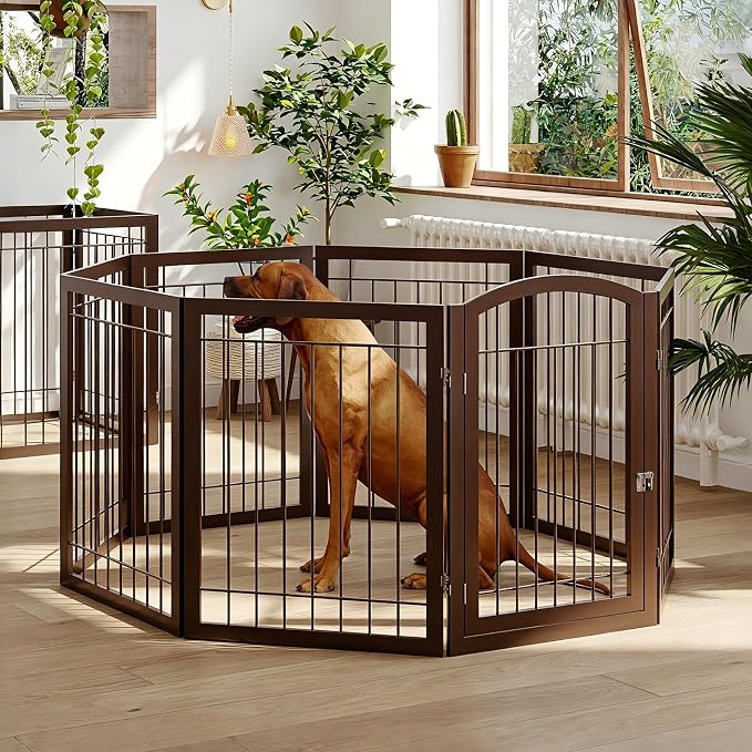 JSB 192-inch Extra Wide 30-inch Tall Dog gate with Door Walk Through,Full Matel Freestanding Pet Gate for Halls, Stairs & Home, Pet Puppy Safety Dog Fence with 4PCS Support Feet (Espresso)