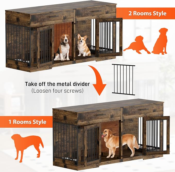 Rophefx 72" Double Dog Crate Furniture with Drawers and Divider, Brown | Wooden dog kennel for 2 medium dogs with 2 drawers, removable divider, 4 bowls and TV stand top