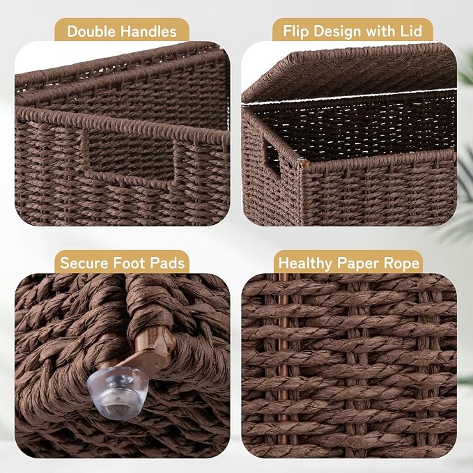 OIAHOMY Laundry Hamper with Lid, 140L(35.7 Gal) Large Wicker Laundry Basket for Bedroom, Handwoven Paper Rope Clothes Hamper with Washable Liner & Metal Frame, Decorative Organizer for Bathroom Brown