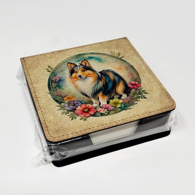 Caroline's Treasures Sheltie and Flowers PU Leather Note Paper Holder with Artist-Designed Cover, Desk Accessory, Office Gift