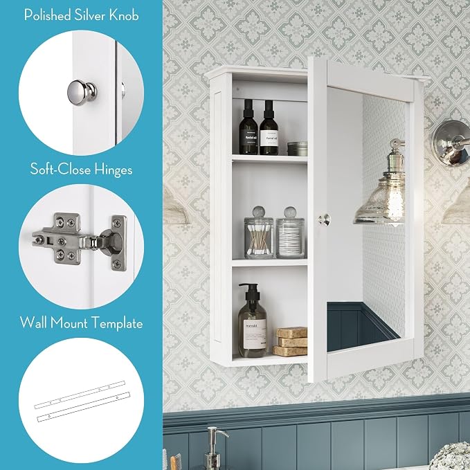 RiverRidge Ashland Bathroom Wall Mount Medicine Cabinet with Mirror, White | Bath Storage Cabinet with Adjustable Interior Shelf and Soft Close Hinges, Large Framed Mirror