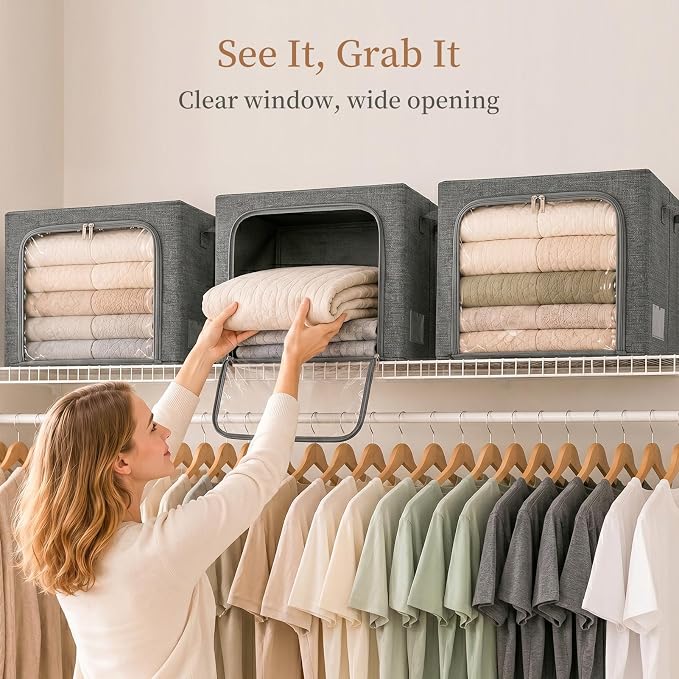 GoMaihe Clothes Storage Bins with Metal Frame for Blanket 3 Pack 66L Grey | Closet Top Shelf Linen Closet, Winter Clothing Bedding Comforters, 3 Side Access Stackable Collapse-Proof See Through Window