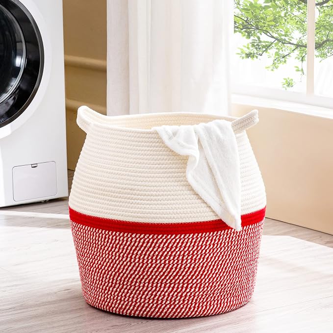 KAKAMAY Woven Baskets for Storage(17"x17"),Large Cotton Rope Woven Baby Laundry Hamper,Collapsible Laundry Basket, Blanket Basket for Organizing Living Room,Nursery,Pillows,Toy Chest(Red)