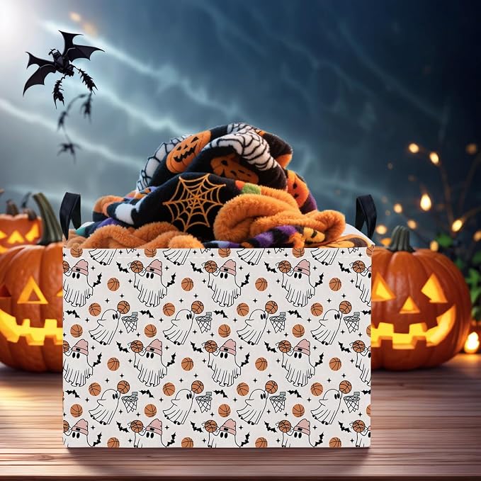 Large Halloween Basket Gift Cute Ghost Parties Decor Kid Trick or Treat Basket for Boys and Girls Rectangular Storage Bin Box (Ghost Basketball)
