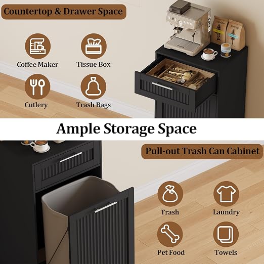 13 Gallons Pull Out Trash Can Cabinet, Hidden Trash Can, Black | Fluted Kitchen Trash Cabinet with Drawer, Freestanding Garbage Pet Proof Trash Can Holder for Laundry, Living Room