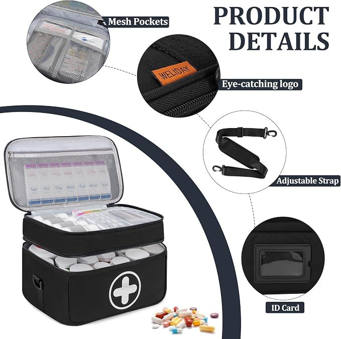 Medicine Storage Bag, 2 Layer Pill Bottle Organizer Storage Bag Empty | Lockable Medical Travel Bag with Adjustable Divider, Suitable for Pills, Vitamins, Fish Oil, Medical Supplies